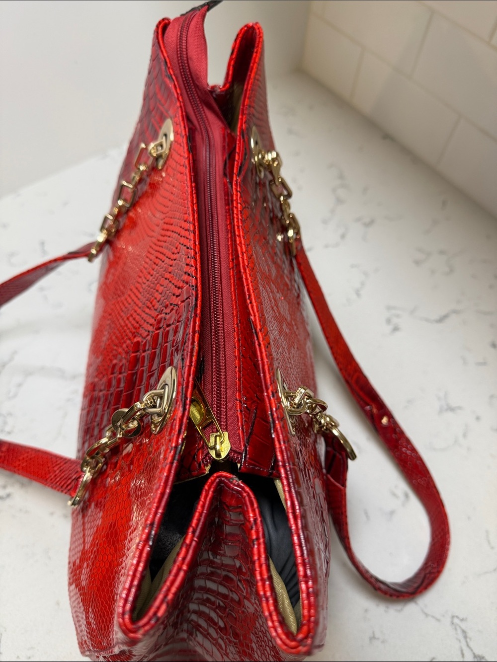 Red Snake-Embossed Shoulder Tote with Gold Hardware - Picture 7 of 14